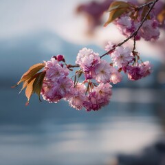Delicate Cherry Blossom Branch in Soft Focus, Bathed in Golden Hour Light.
