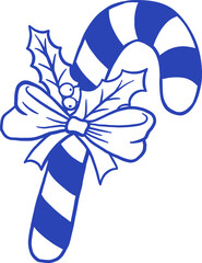 Hand drawn retro Christmas candy cane with ribbon bow vector illustration. Xmas sweets in doodle sketch style