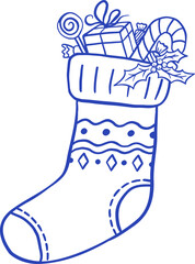 Hand drawn retro Christmas socks vector illustration. Xmas stocking with a gift in doodle sketch style. Winter decoration