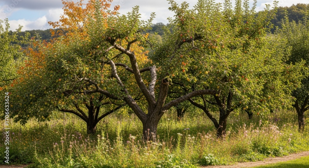 Poster medium shot featuring a clustered arrangement of various orchard trees emphasizing concentrated foli