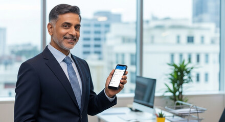 Smiling Indian mature businessman in suit holding smartphone standing in office, working on device. Executive professional ceo senior business manager man using cell phone mobile, looking at camera