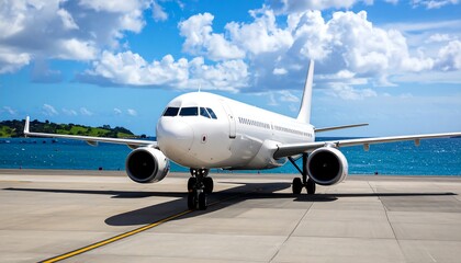 White jetliner on tarmac near water