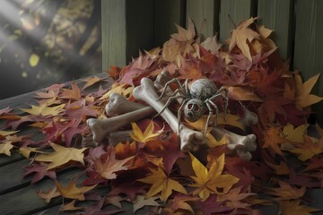 Ai generated content spider bones and autumn leaves display