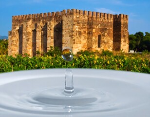 Water droplet impacting a still surface, with ancient stone structure in background