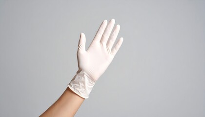 White latex glove on hand against gray background