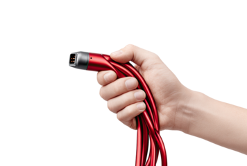 A hand grips a tangled red charging cable
