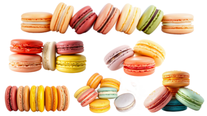 Colorful macarons forming various compositions on transparent background