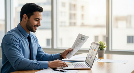 Smiling latin business man salesman working on laptop computer reading financial contract document in office workplace. Young manager businessman specialist doing paperwork analysing on pc. Copy space