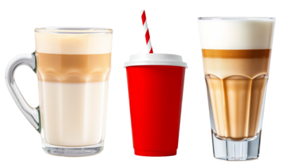 Latte macchiato coffee in different glass and paper cups showing layers