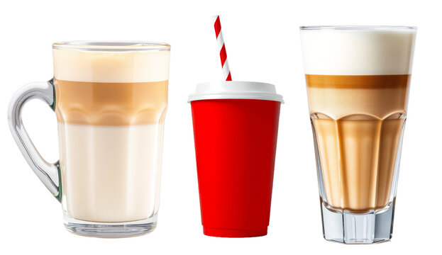 Latte macchiato coffee in different glass and paper cups showing layers