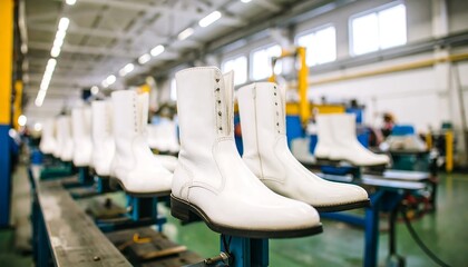 White leather boots on a factory conveyor belt