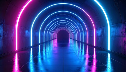 A glowing tunnel, lit with neon circles of pink and blue. Reflective floor leads to a dark opening