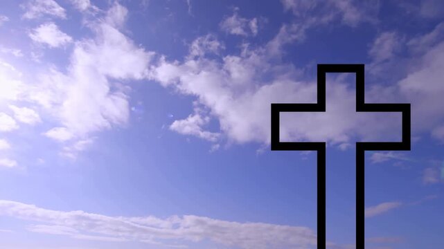 On load clouds drifting sunlight shifting over blue sky beside Christian cross showing time passage