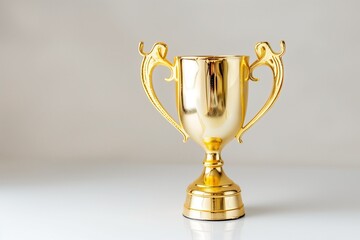 Trophy on white background, golden award cup with clean reflection, minimal studio lighting, product mockup style.