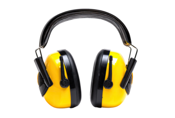 Bright yellow earmuffs, black headband, safety
