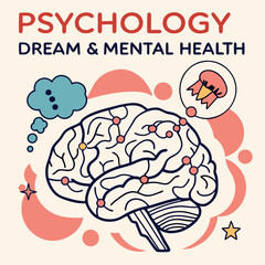 Psychology, Dream, Mental Health concept illustration. Brain, neuroscience and creative mind poster, cover