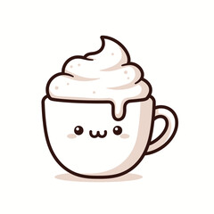 Adorable cartoon mug with fluffy whipped cream, a sweet and happy dessert drink illustration perfect for cozy concepts