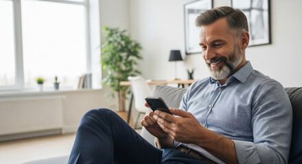 Smiling mature business man entrepreneur or trader using mobile phone device sitting on sofa at modern home office. Bearded handsome businessman browsing online holding mobile cellphone app. Vertical