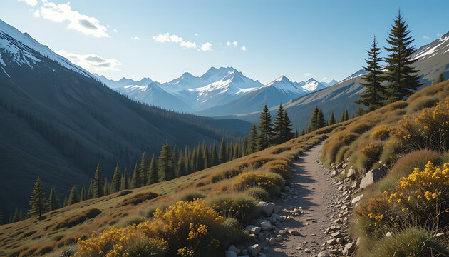 A scenic mountain trail winds through autumnal wildflowers towards snow-capped peaks under a bright sky.