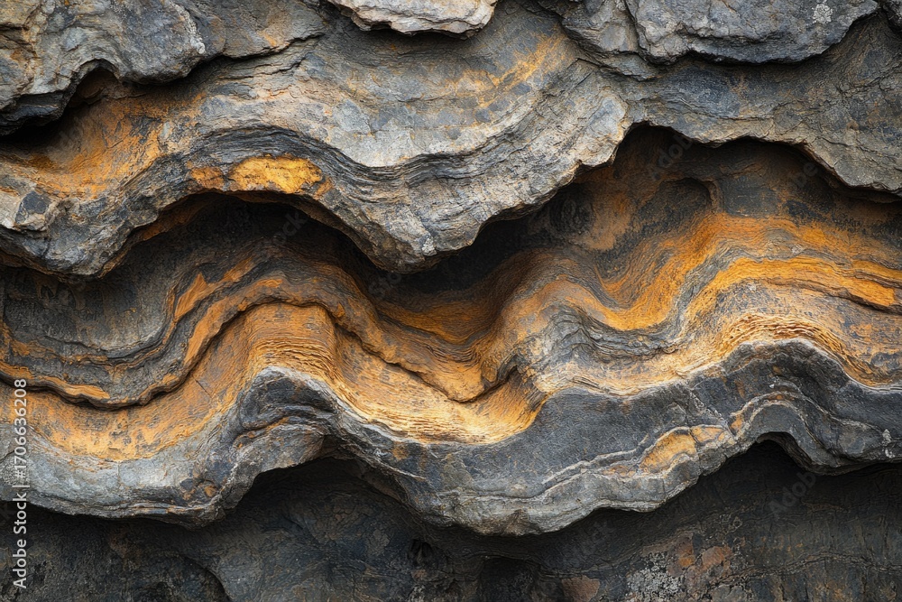 Poster intricate layers of sedimentary rock display a wavy pattern with contrasting gray and orange hues, s