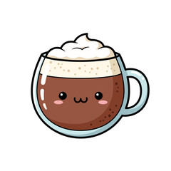 Cute Kawaii Coffee Cup with Whipped Cream and a Happy Face, Vector Illustration