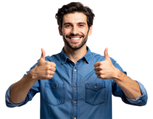 Young man smiling giving thumbs up for approval and success, isolated on a transparent background, PNG