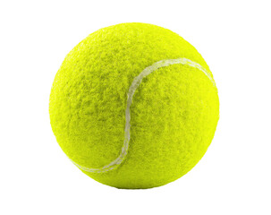 A bright yellow tennis ball, perfectly round and isolated against a black background.  The textured surface is clearly visible, with distinctive white lines encircling the ball