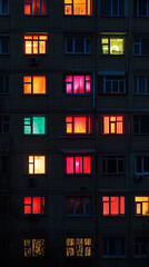 Colorful glowing windows of an apartment building at night, each window lit with different vivid neon hues.