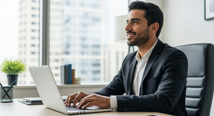 Fototapeta premium Smiling portrait latin young professional business man holding digital tablet for trading, looking at copy space. European businessman CEO using fintech tab application sitting at workplace in office