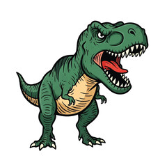 Obraz premium A vintage-style illustration of an angry green Tyrannosaurus Rex with its mouth open, standing against a clean white background.