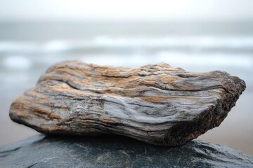 Fototapeta premium Weathered driftwood rests on a dark rock against a blurred ocean backdrop.