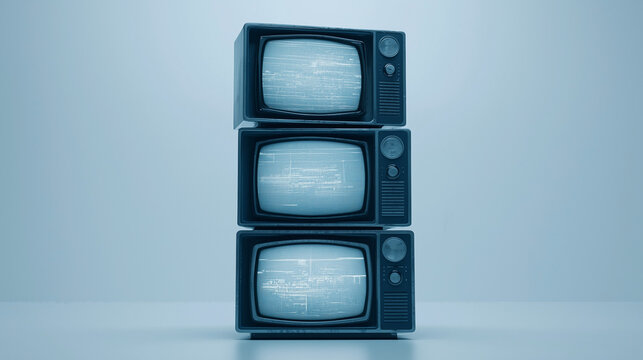 Stack of three retro CRT televisions with static screens on blue background in minimalist surreal studio setting.