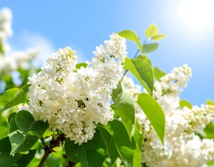 White lilac blossoms in sunlight