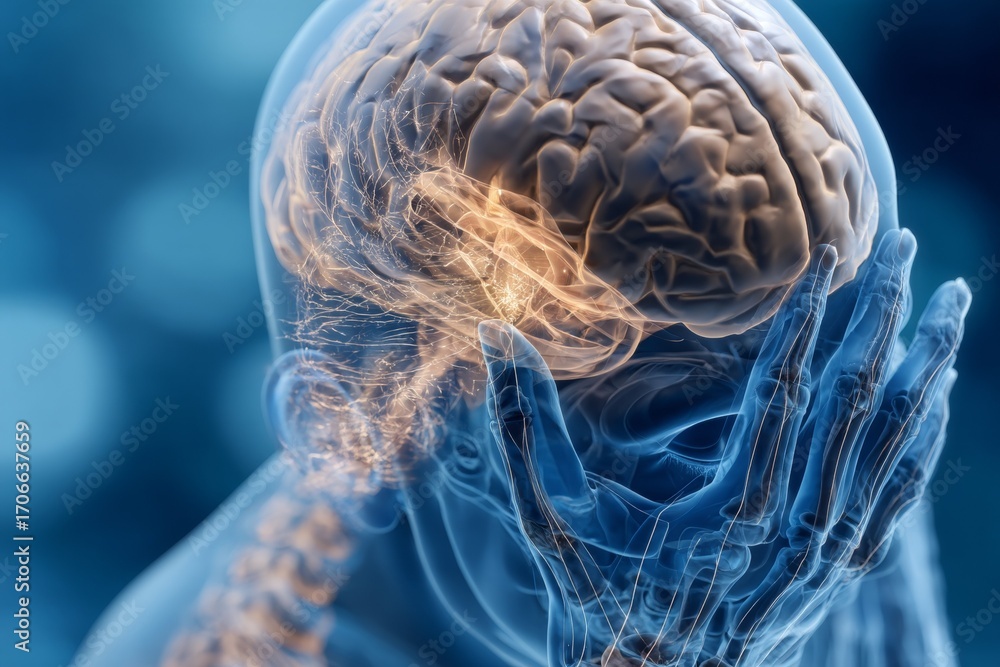 Poster transparent human brain visualization with neural pathways in stressful pose