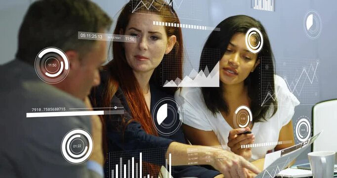 Colleagues picking data sheet and pointing at chart during business briefing with AR overlays