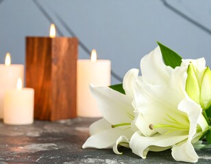 White lilies and candles on a textured surface