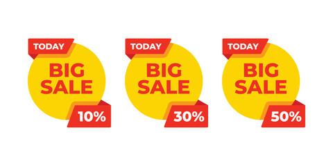 Three Circular Big Sale Discount Badges – Percentage Off Promotion Stickers for Marketing and Shopping Banners