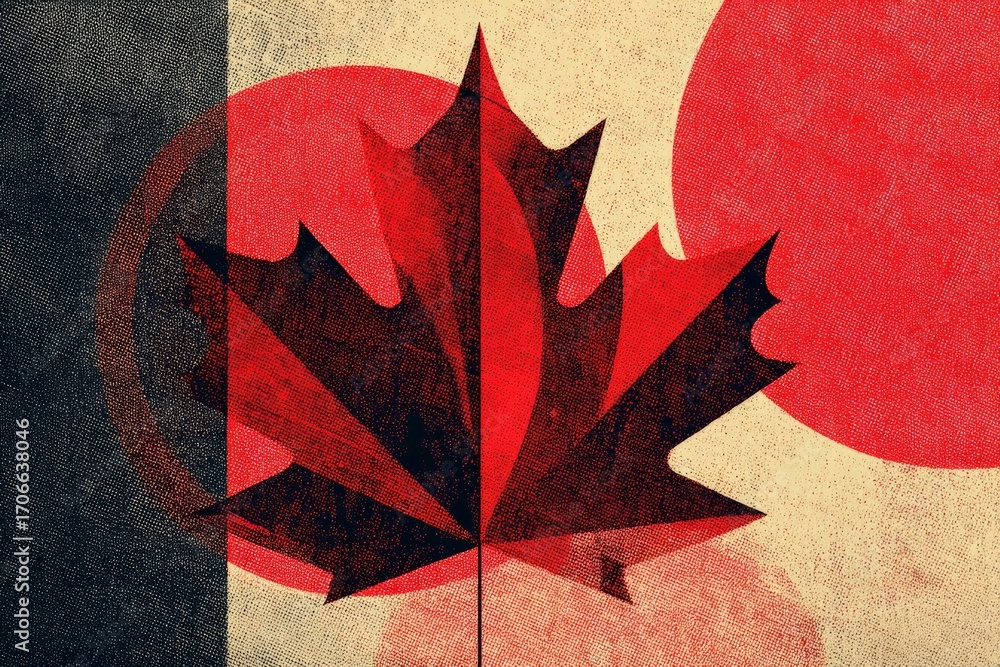 Poster abstract canadian maple leaf with red circles on textured background