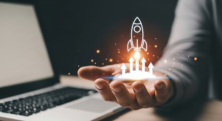 Strategisches Gesch&auml;ft Startup Start- und Wachstumskonzept mit leuchtendem Raketen-Symbol