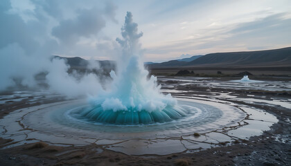 A powerful geyser erupts, shooting a column of turquoise water high into the air, with steam and surrounding landscape.