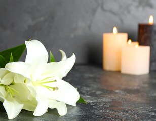 White lily and candles on a dark surface