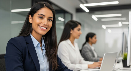 Smiling professional financial specialist latin hispanic business lady working on laptop sitting in office. Middle eastern indian woman using computer technology for work. Vertical portrait at camera