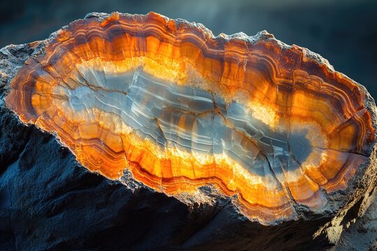 A stunning agate geode with captivating orange and grey banding, showcasing the beauty of natural mineral formations.