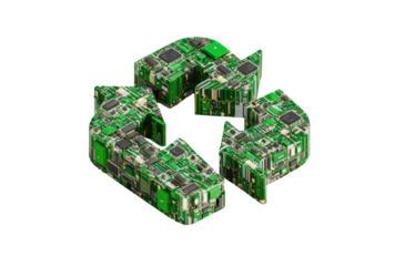 Recycling symbol formed from intricate circuit boards.  Green circuit board pieces create a stylized recycling symbol, filling its shape.  Dark background