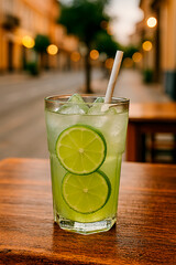 Caipirinha refrescante com rodelas de lim&atilde;o e gelo em mesa de bar brasileiro