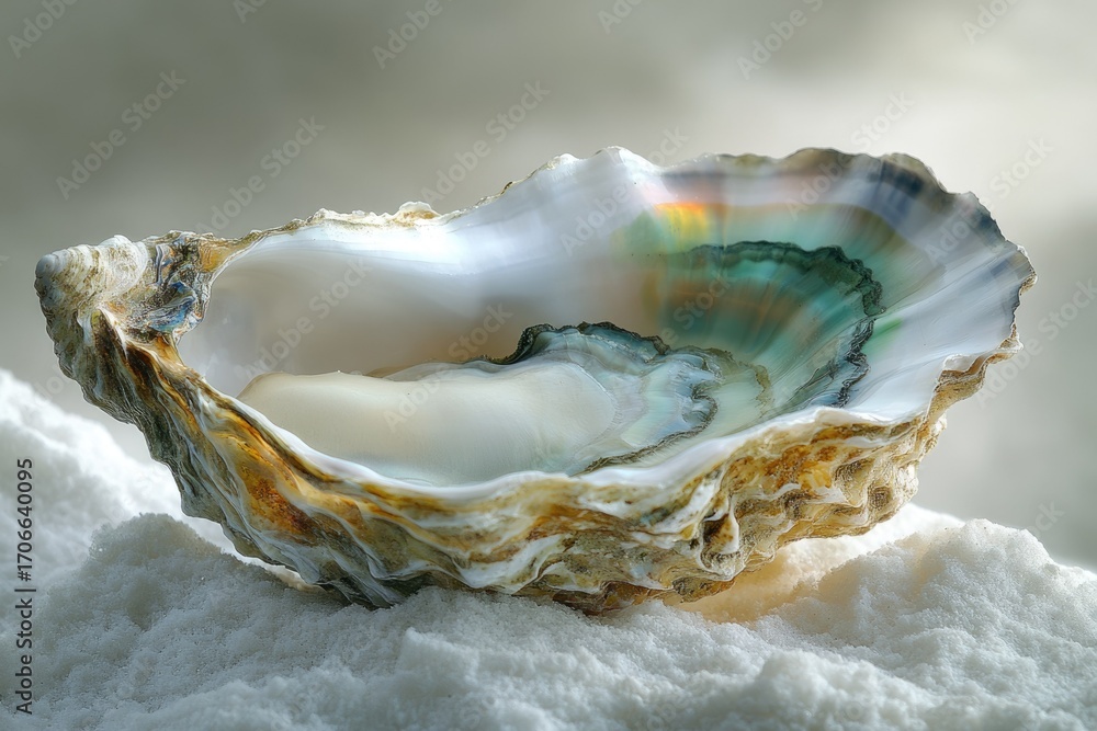 Poster a large oyster shell rests on a bed of salt, showcasing iridescent inner layers and textured outer s