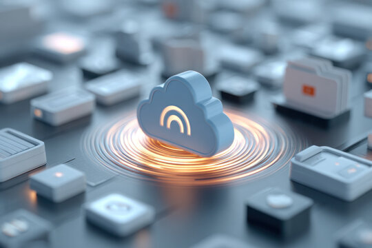 A glowing cloud icon hovers above a keyboard, depicting cloud computing and data storage with emphasis on modern digital infrastructure and seamless interaction.
