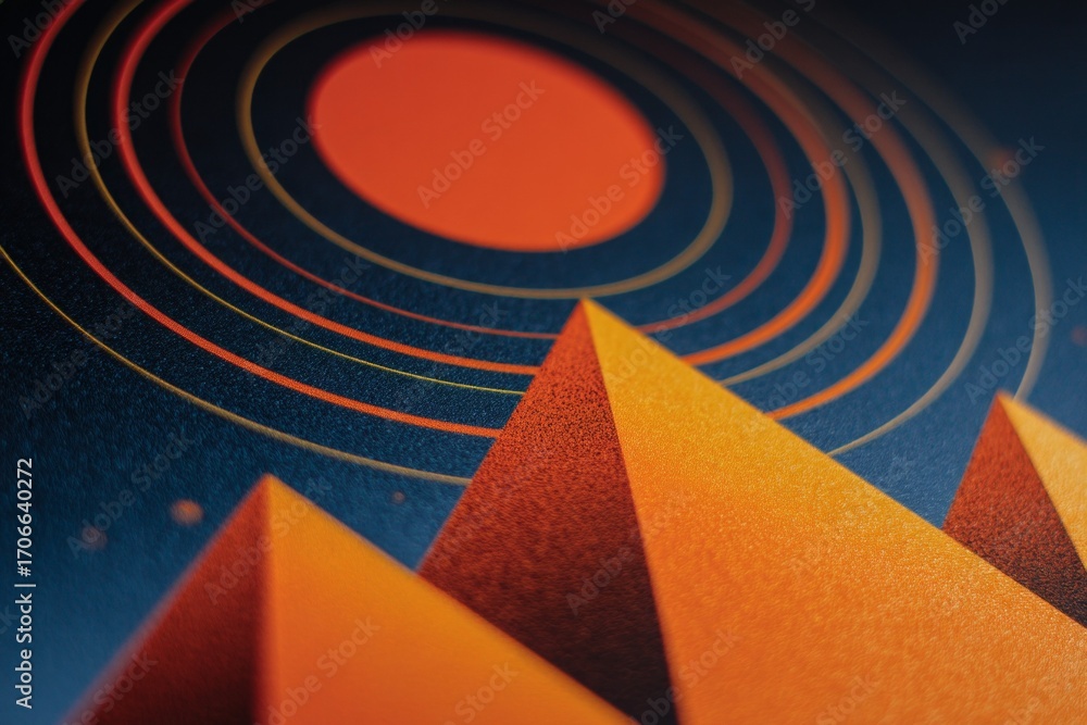 Poster abstract geometric design with orange pyramids and circular patterns