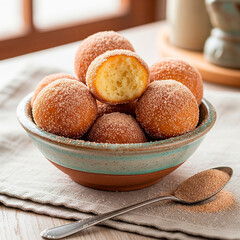Bolinhos de chuva brasileiros com a&ccedil;&uacute;car e canela em tigela r&uacute;stica