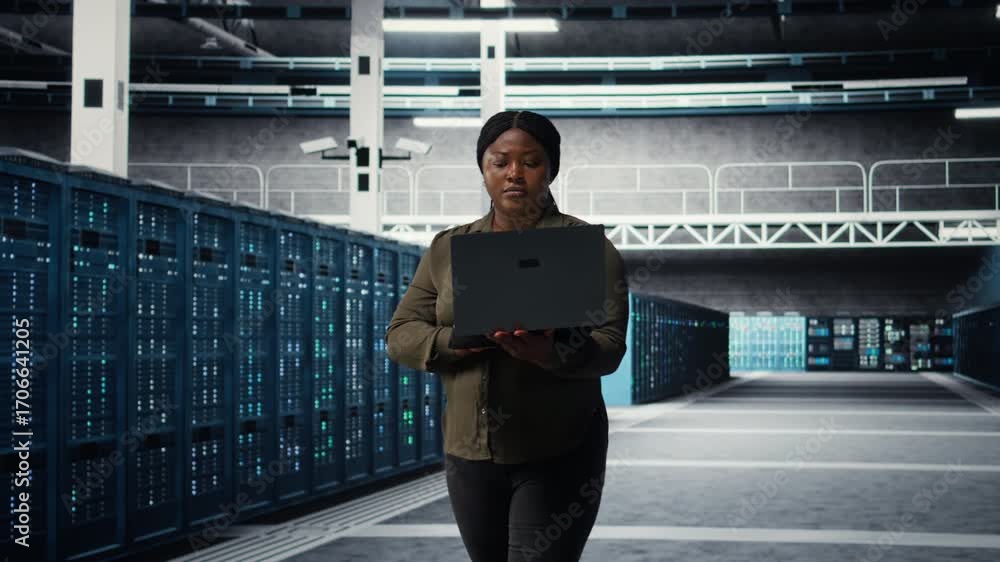 Leinwandbilder smiling engineer walking in data center with laptop, checking hardware for system stability. upbeat 